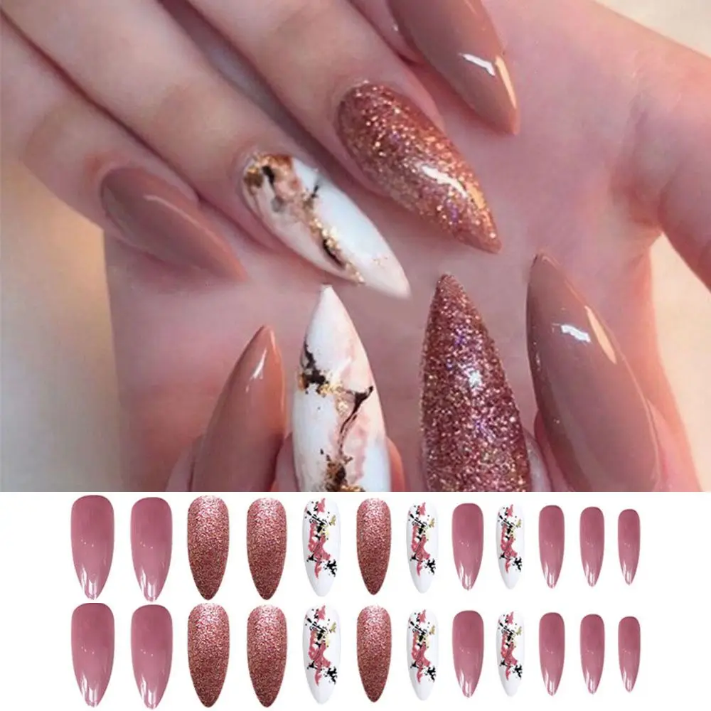 

24Pcs/Box Press On Nails Glitter Pink Graffiti Almond False Nails Full Cover Wearable Fake Nails Artificial Detachable Nail Tips