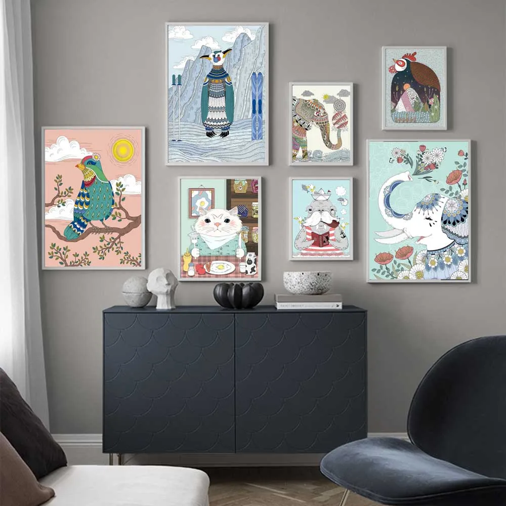 

Animal Illustration Cat Horse Elephant Bear Nordic Posters And Prints Wall Art Canvas Painting Wall Picture Baby Kids Room Decor