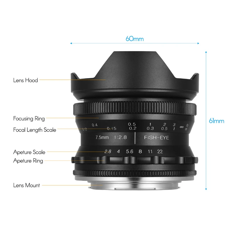 Объектив RISESPRAY 7 5 мм F2.8 рыбий глаз 180 ° для Sony NEX E mount Fuji XF APS C / Panasonic Olympus Macro 4/3