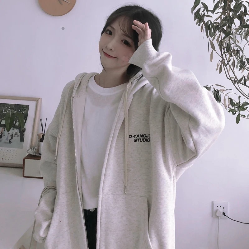

GoneGoing 2020 New Women Long Loose Pullover Solid Color Thcken Korea Zipper Cardigans 0815