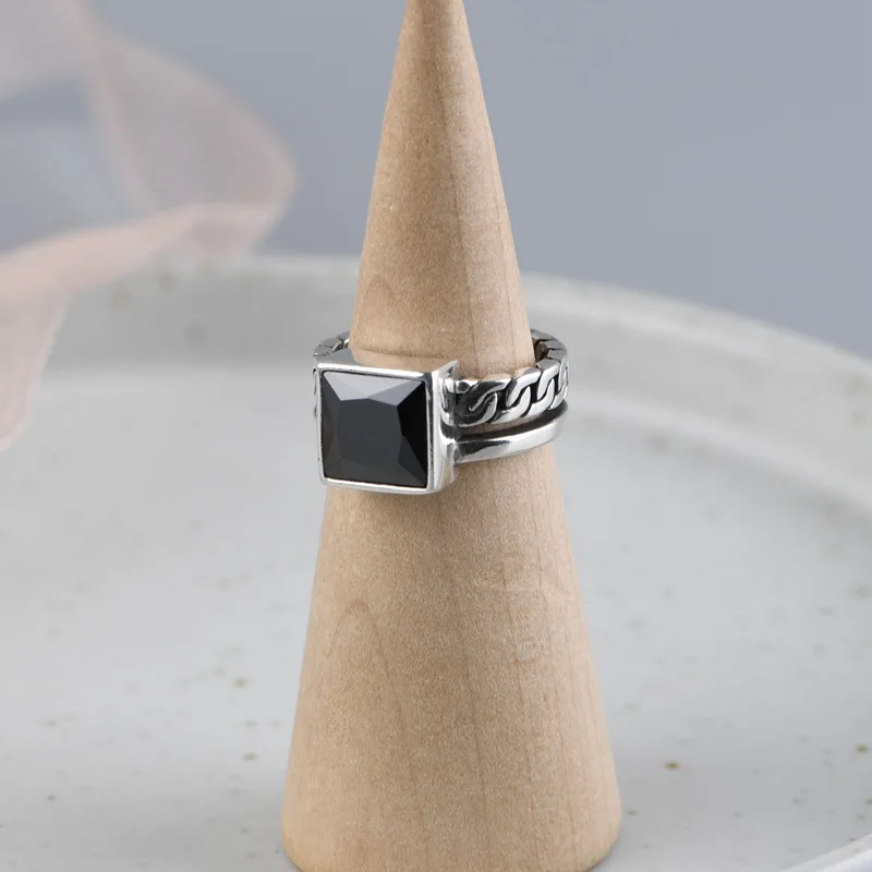 

FNJ 925 Silver Rings Adjustable Size 100% Original S925 Solid Silver Ring for Women Jewelry Fine Square Black Zircon