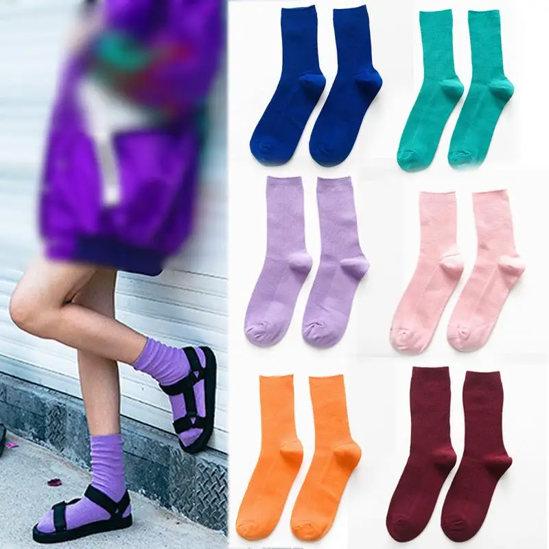 

Женские длинные носки до середины икры, носки до колена в студенческом стиле, яркие однотонные s-образные