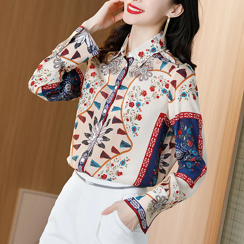 Printemps Automne 100% Soie naturelle Femmes Chemise Élégante Col rabattu À Manches Longues Pur Soie Véritable Vintage Impression Dame Chemisier Hauts