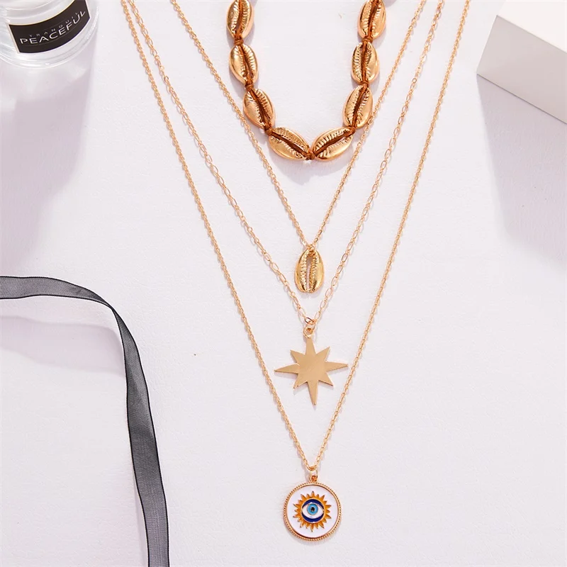Богемная Женская Золотая ракушка Звезда Луна глаз подвеска многослойное на