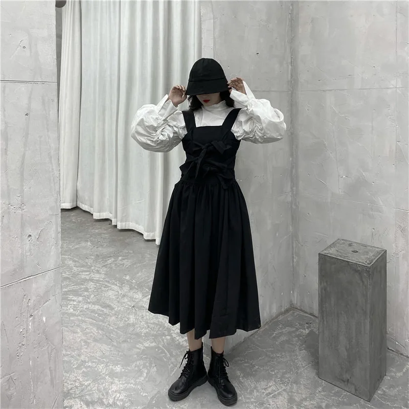 

New Japanese Gothic Large Size Female Autumn Style Japanese Bow 2-Piece Set High Collar Black Strap Dress Suit Halloween Costume