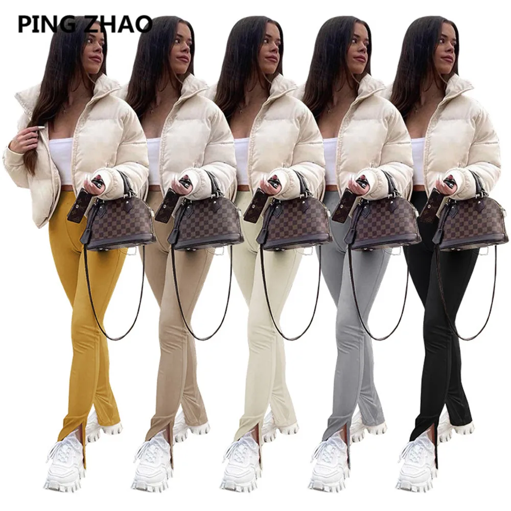 

Женские брюки-клеш пин Чжао, однотонные облегающие эластичные брюки полной длины со средней талией, весенние уличные модные штаны