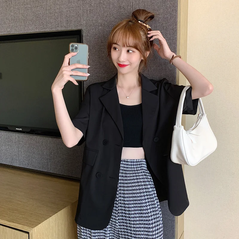 Женский черный костюм с коротким рукавом летнее тонкое красное пальто