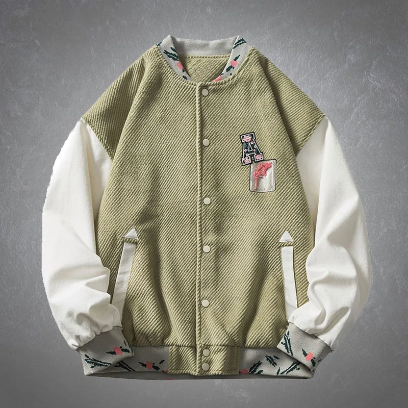 

Вельветовая куртка-бомбер в стиле хип-хоп 2021, Мужская Уличная одежда с цветочной вышивкой, куртка с рукавом реглан, пальто, хлопковая куртка ...
