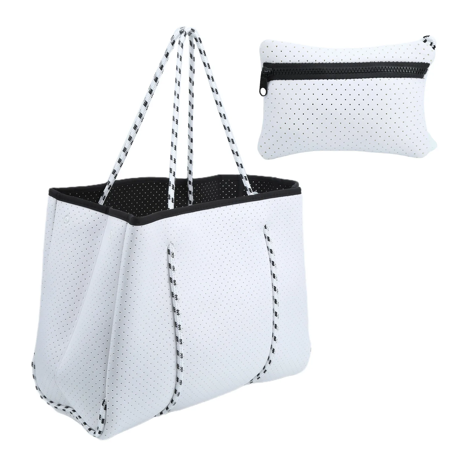 Outdoor Neoprene Perforated Beach Bag Large Capacity Casual Mommy Hand Strap Shopping Bag Water-Free Beach Bag White/Black