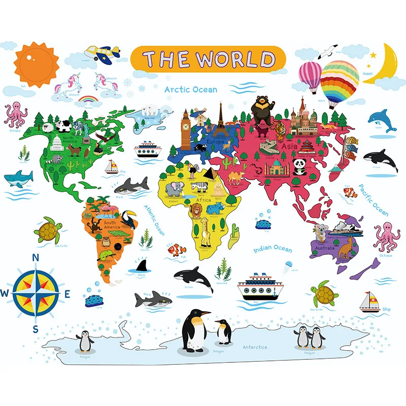 

Cartoon Animals Map Seven Continents Wall Stickers for Kids Room Bedroom Decoration Kindergarten Layout Removable Decals PVC