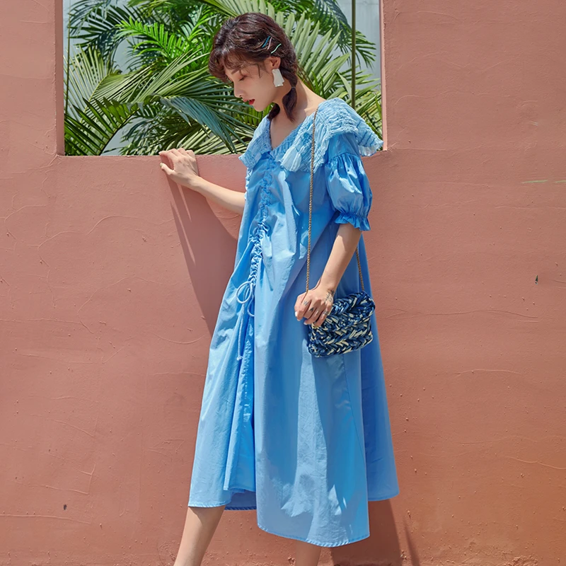 GALCAUR Summer Sequin Drawstring Dress For Women Peter Pan Collar Puff Sleeve Ruched Loose Female Fashion 2020 Korean New | Женская