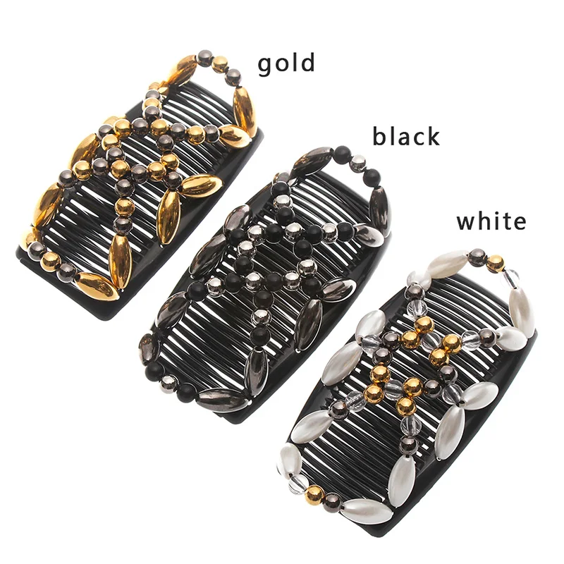 

Women Retro Pearl Beads Elastic Hair Combs Clip Double Slide Magic Bun hair clips hair clips for women