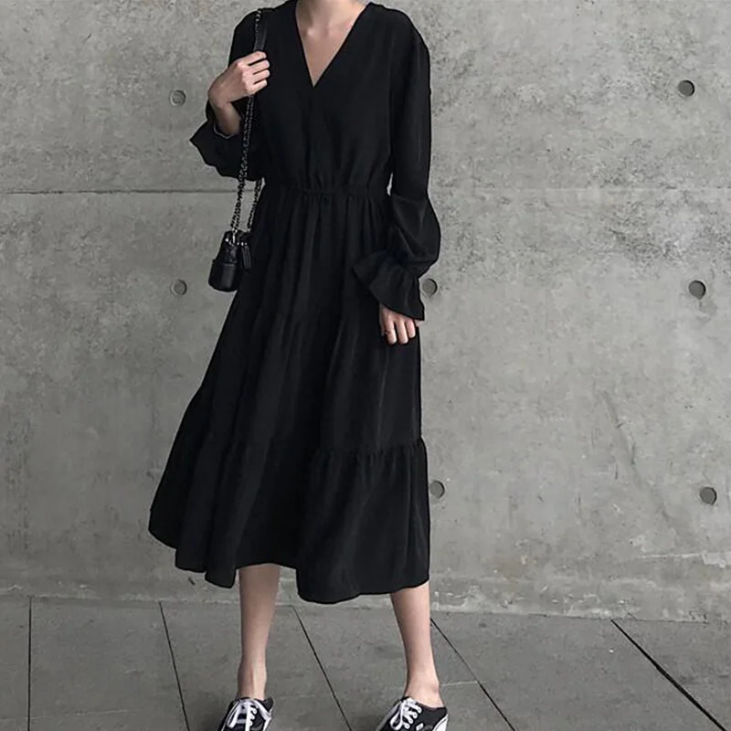 2020 Новое весенне-осеннее однотонное платье с v-образным вырезом и рукавами-рюшами