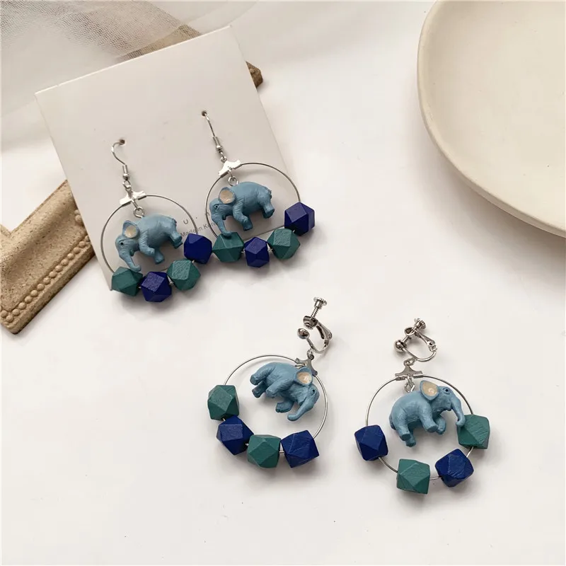 Деревянный синий слон серьги Модные Джокер милые клипсы зажим для девушек и