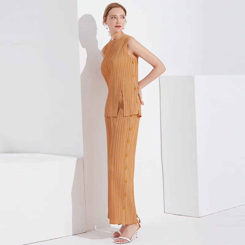 Женский оригинальный повседневный костюм Miyake майка без рукавов с круглым