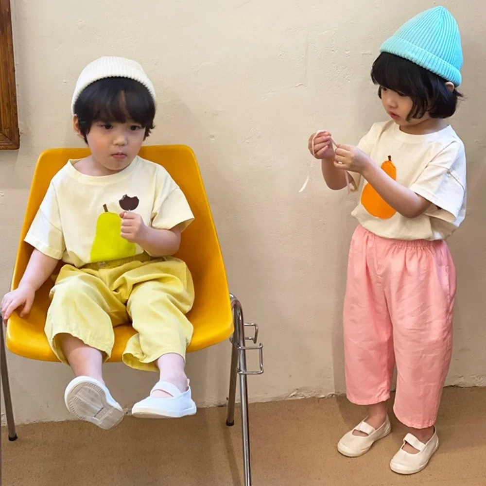 

Летняя детская одежда, повседневные свободные Детские футболки с короткими рукавами и нашивками груши для мальчиков и девочек