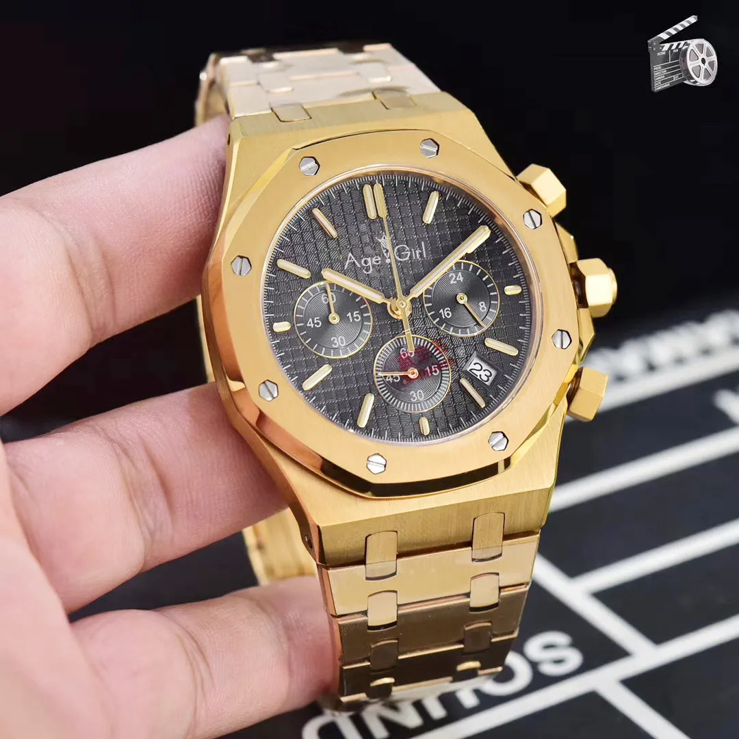 

Classic New Chronograph Men Stopwatch Silver Yellow Gold Black Stainless Steel 904L Sapphire Crystal Big Watches 45mm AAA+