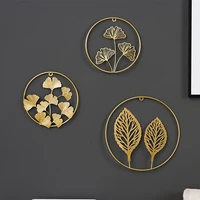 nordic style iron art golden leaf shape wall hanging decoration creative metal round wall shelf decor for bedroom living room
