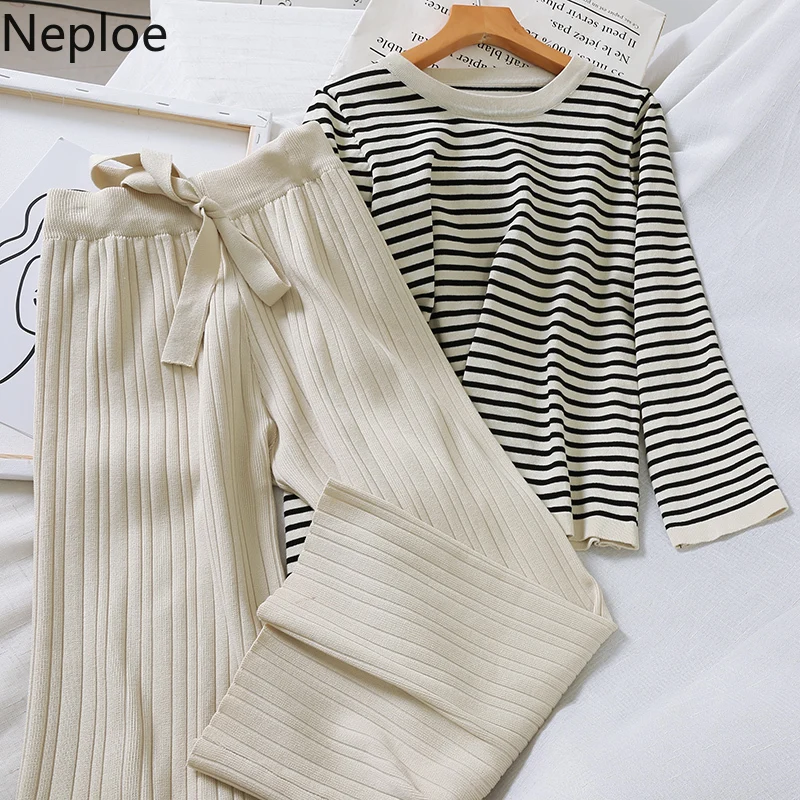 Neploe простой свободный Женский комплект полосатый вязаный Топ с круглым вырезом