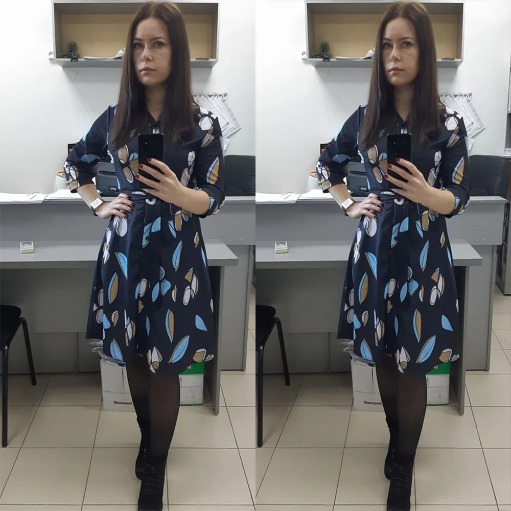 

Floral Print Plus Size Women Dress Lapel Collar Belt Single-Breasted Knee Length OL Dresses Vintage Female Summer 2021 Vestidos