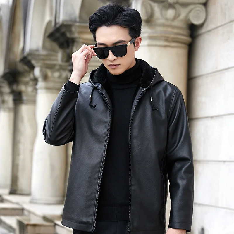 

Куртка мужская с капюшоном, из искусственной кожи, на осень/зиму