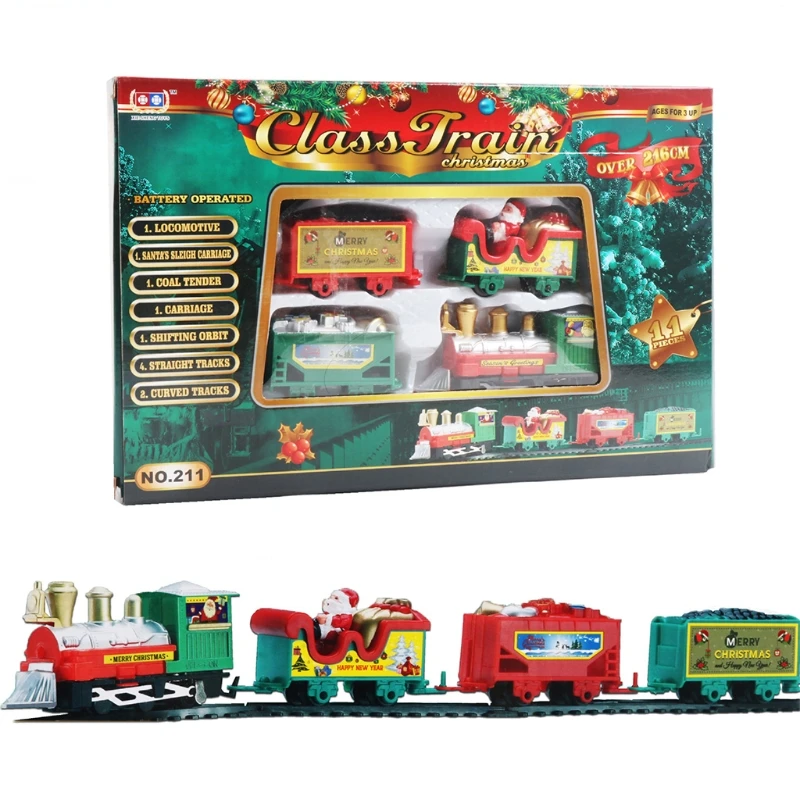 

Christmas Train Track Railway Toy Realistic Locomotive w/ 3 Carriages Children DIY Railraod Track Toy Xmas Party Supply