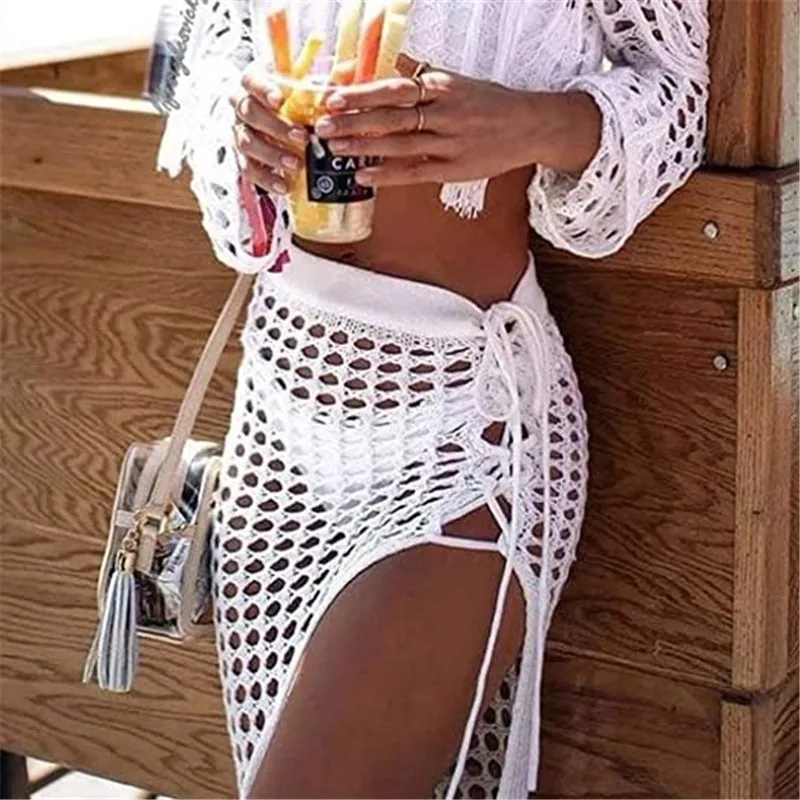 

Women\u2019s Sexy Sheer Hollow Out Beach Maxi Knit Skirt Split Tassels Beachwear Summer Crochet Cover Up Skirts 2021 Hot Sell