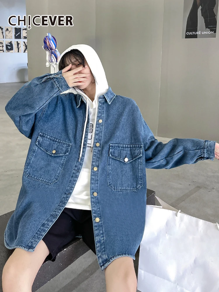 

CHICEVER Blue Denim Jacket For Women Lapel Collar Long Sleeve Solid Minimalist Jackets Female Korean Fashion Clothing 2021 Style