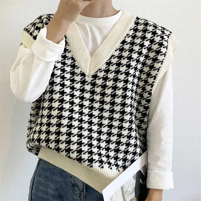 

2021 Women Houndstooth Loose Knitted Vest Sweater Girls V Neck Sleeveless Thick Vintage Sweater Suits Female Waistcoat Chic Tops