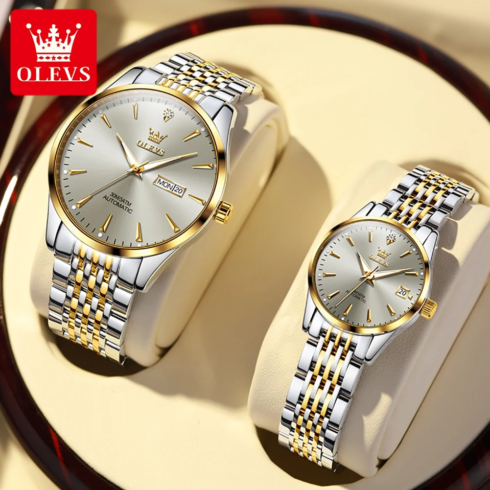 OELVS Brand Luxury Automatic Mechanical Watch Couple Watch Stainless Steel Waterproof Clock Relogio Masculino Couple Gift 6635