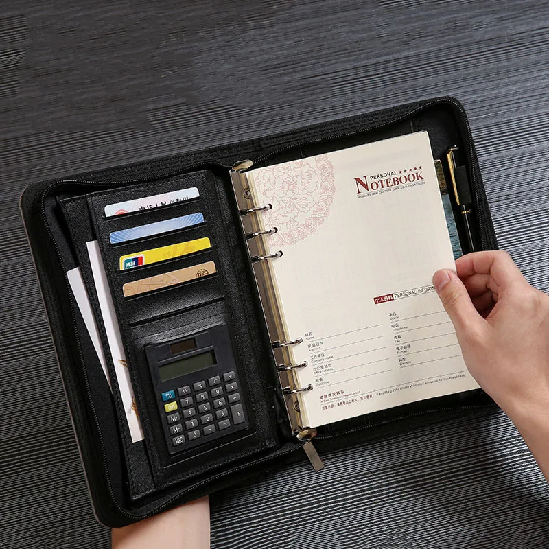

Multifunctional Portable Notebook Business Office Essential Tools File Calculator Pen Card Storage Supplies Zipper Bag Accessory
