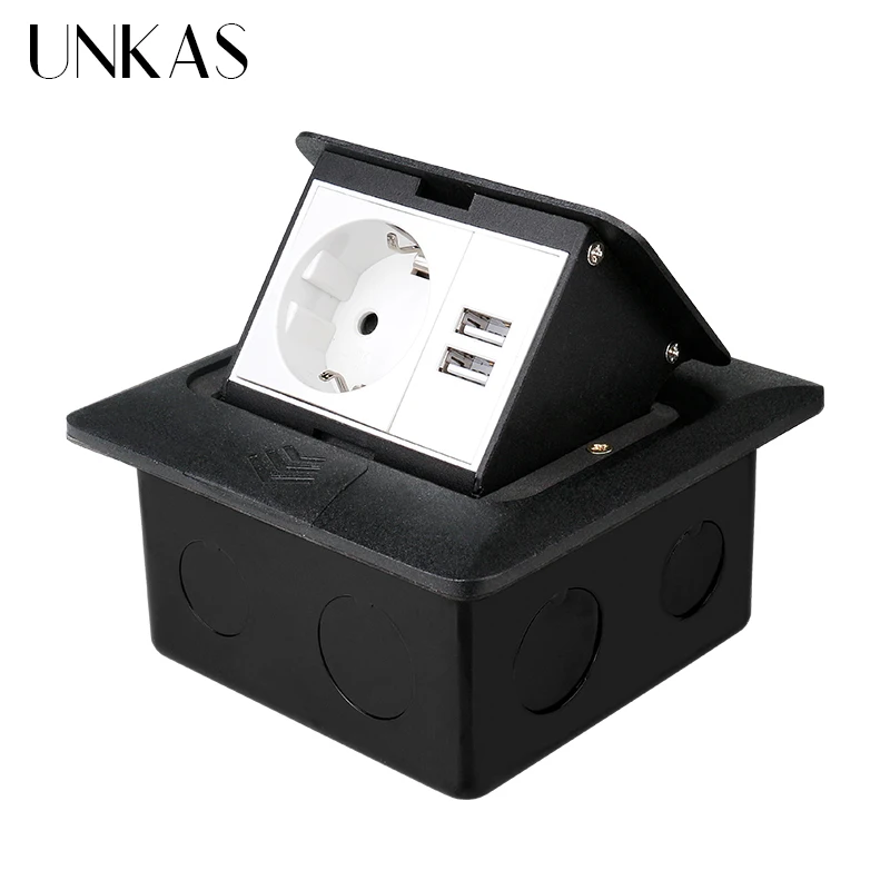 Выдвижная напольная розетка UNKAS с алюминиевой черной панелью 16 А для России