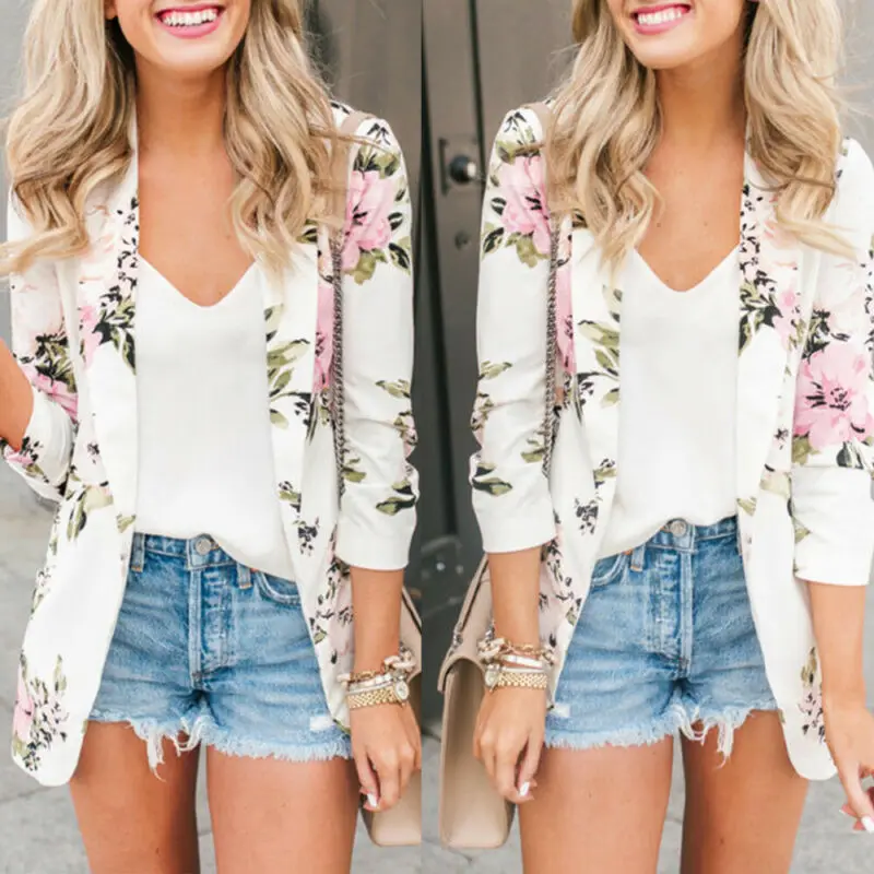 

Autumn Notched Floral Female Blazer Jacket White Print Blazers Jackets For Women 2019 Vintage Casual Elegant Cardigan Ladies Top
