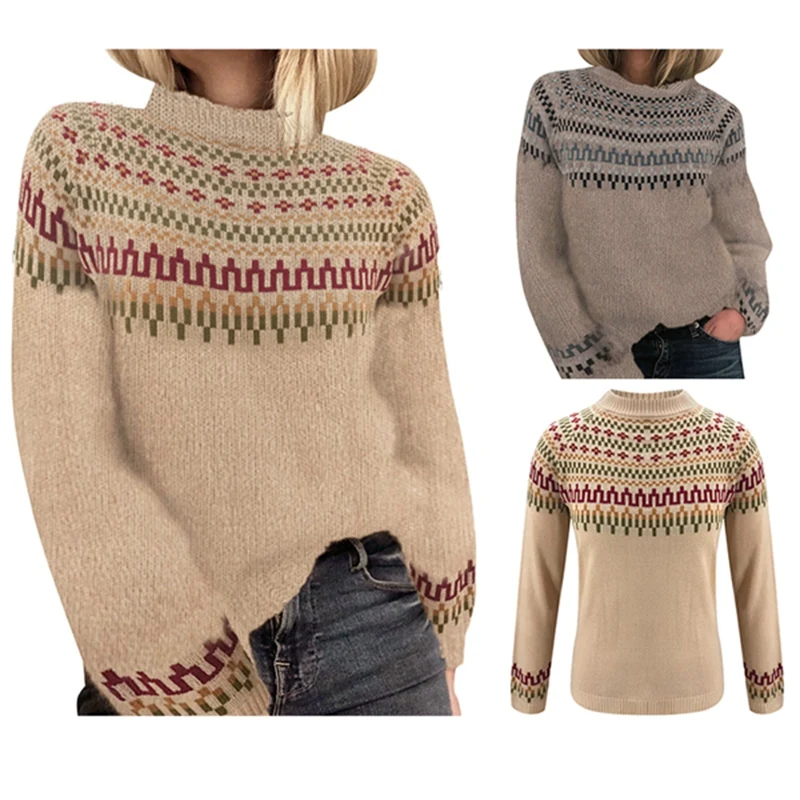 

Women's Fashion Half High Neck Pullover Straight Printed Long Sleeve Sweater