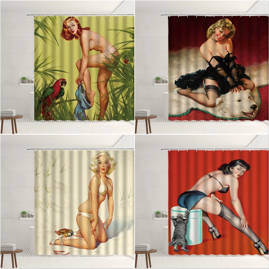 

American Shower Curtain Beautiful Sexy Women Girl Plant Green Leaves Cute Pet Cat And Dog Home Living Room Bathroom Decor Screen