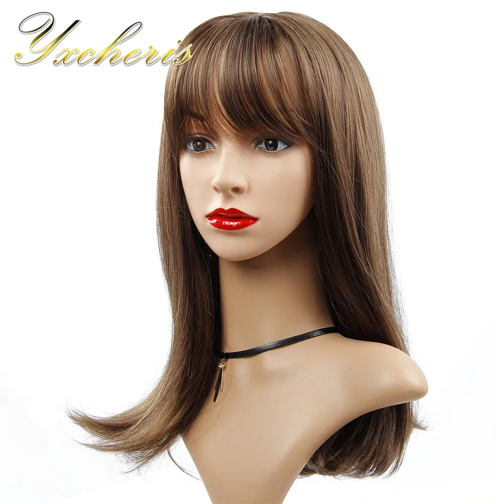 YXCHERISHAIR Синтетический прямой длинный коричневый парик с челкой для волос