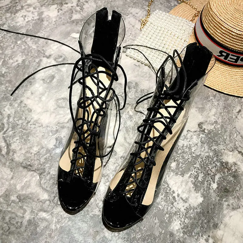 Модные прозрачные летние женские ботильоны на тонком высоком каблуке короткие