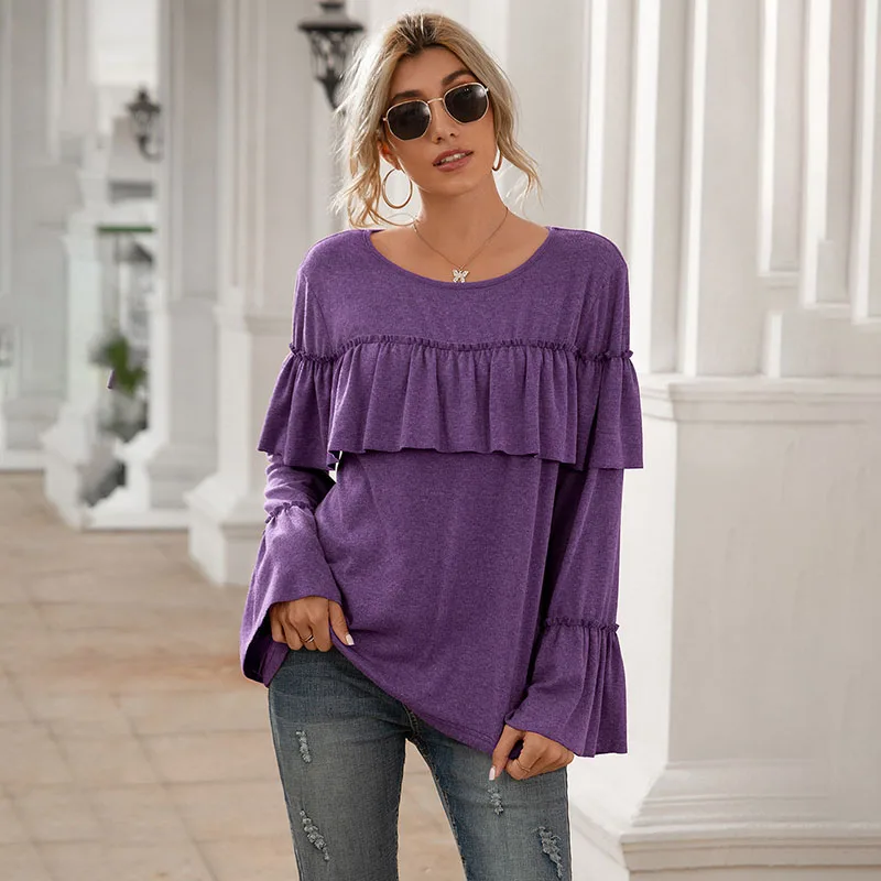 

Женская футболка с длинным рукавом, Повседневная Свободная Однотонная футболка с круглым вырезом и оборками, с длинным рукавом лотоса, для ...