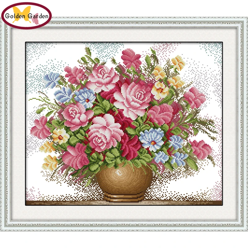 

GG Pink Rose Chinese Cross Stitch Kit 11CT 14CT DIY Kits Needlework Embroidery Hand Crafts Cross Stitch Set for Home Decor