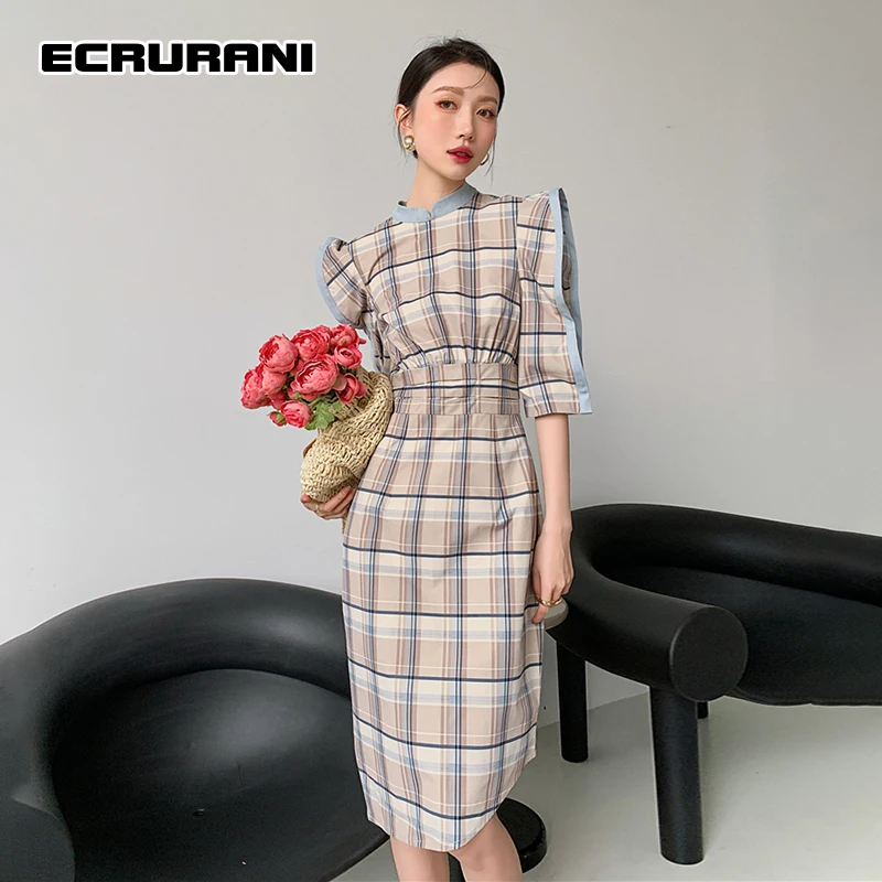 

ECRURANI Plaid Hit Color Dress For Women O Neck Half Sleeve High Waist Midi Vintage Dresses Female New Clothing 2021 Fashion