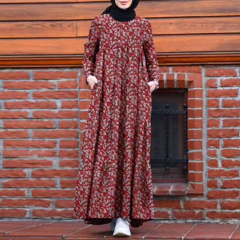 

Fashion 2022 Women Autumn Muslim Kaftan Long Dress ZANZEA Elegant Floral Print Vestidos Casual Long Sleeve Ruffle Turkey Hijab