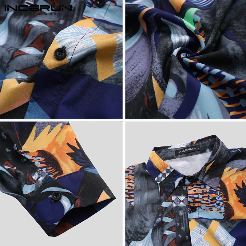 

INCERUN Long Sleeve Shirt Men Printing Korean Style Loose Fashion Lapel Hawaiian Brand Shirts Men 2021 High Street Hip-hop Tops