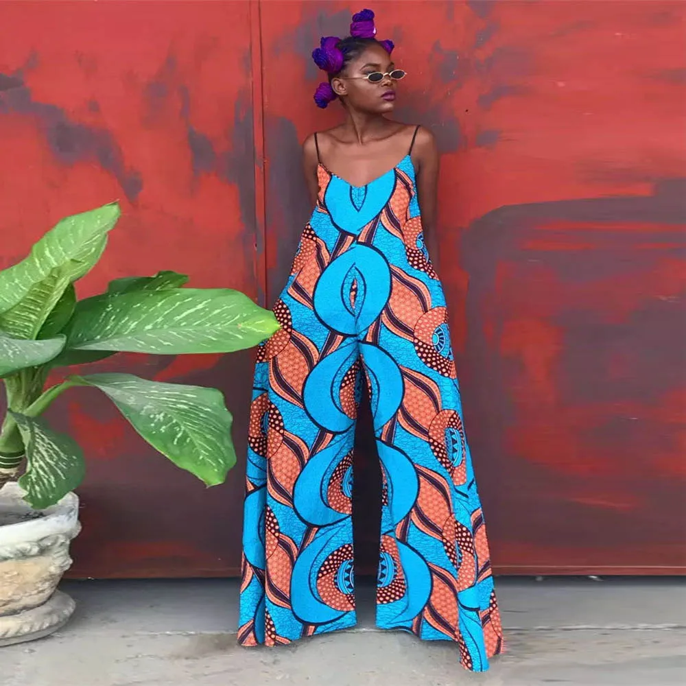 

2021 Sexy Strap Women Sleeveless Rompers African Printed Wide Leg Jumpsuit Cool Sling Overalls Oversized Fitness Rompers