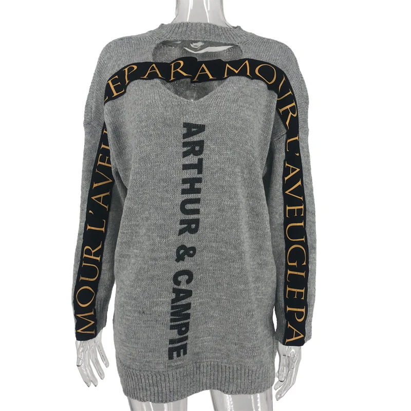 

Jane Deiune 2020 New Autumn Winter Women Both Sides Sweater Dress Gray Hollow Out Letter Knitted Pullover Female Long Section
