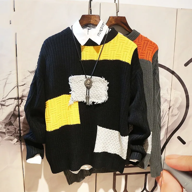 

Autumn New Mens Colors Mixed Spliced Sweater Tops O Neck Long Sleeve Loose Fit Male Knitwear Pullover Letters Casual Sweaters