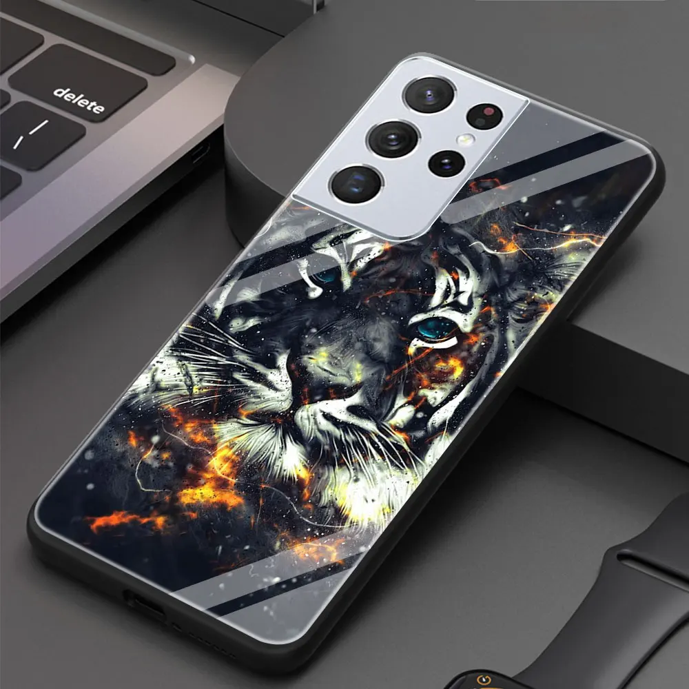 

Lion,Wolf, Tiger, Leopard Glass Cover for Samsung Galaxy S20 FE S21 S20 Ultra S10 Lite S10E S9 S8 Plus Luxury Soft Edge Case
