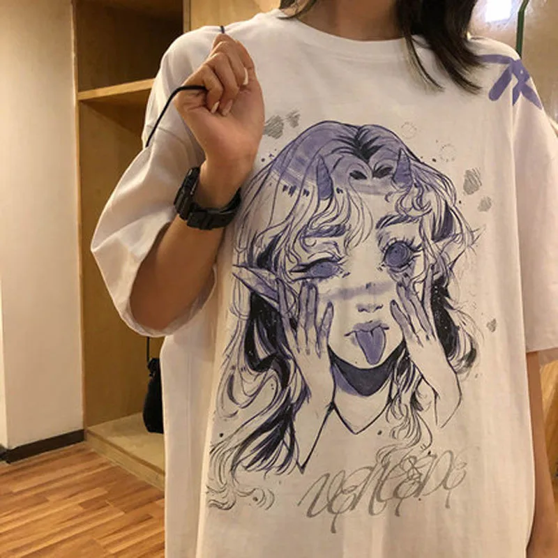 

2021 Women Casual White Cartoon Funny Girl Printed Streetwear Female Tops Tee Short Sleeve Fashion T Shirt Hip Hop Clothes