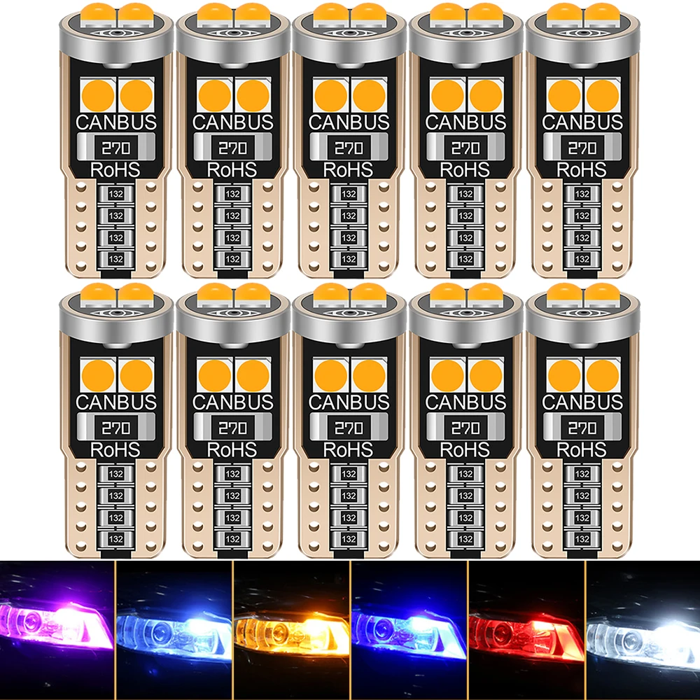 10PCS T10 W5W 3030 6 SMD LED Convex Lamp Beads Wedge Light 194 2825 WY5W Silicone Shell Car Reading Dome Lamp Auto Parking Bulb