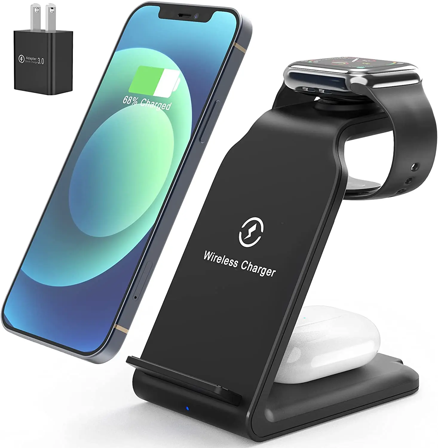 

Wireless Charging Station,Popveen 3in1 Wireless Charger Stand with Adapter 15W Fast Wireless Charging for Apple iWatch Series