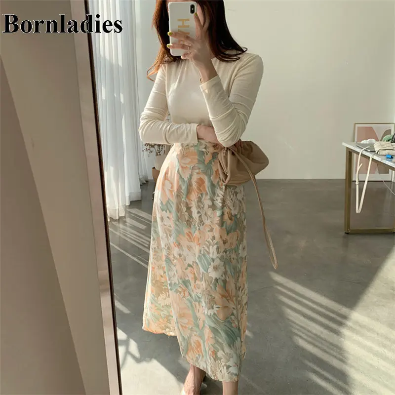 Женские стильные юбки Bornladies 2020 с цветочным рисунком новые универсальные офисные